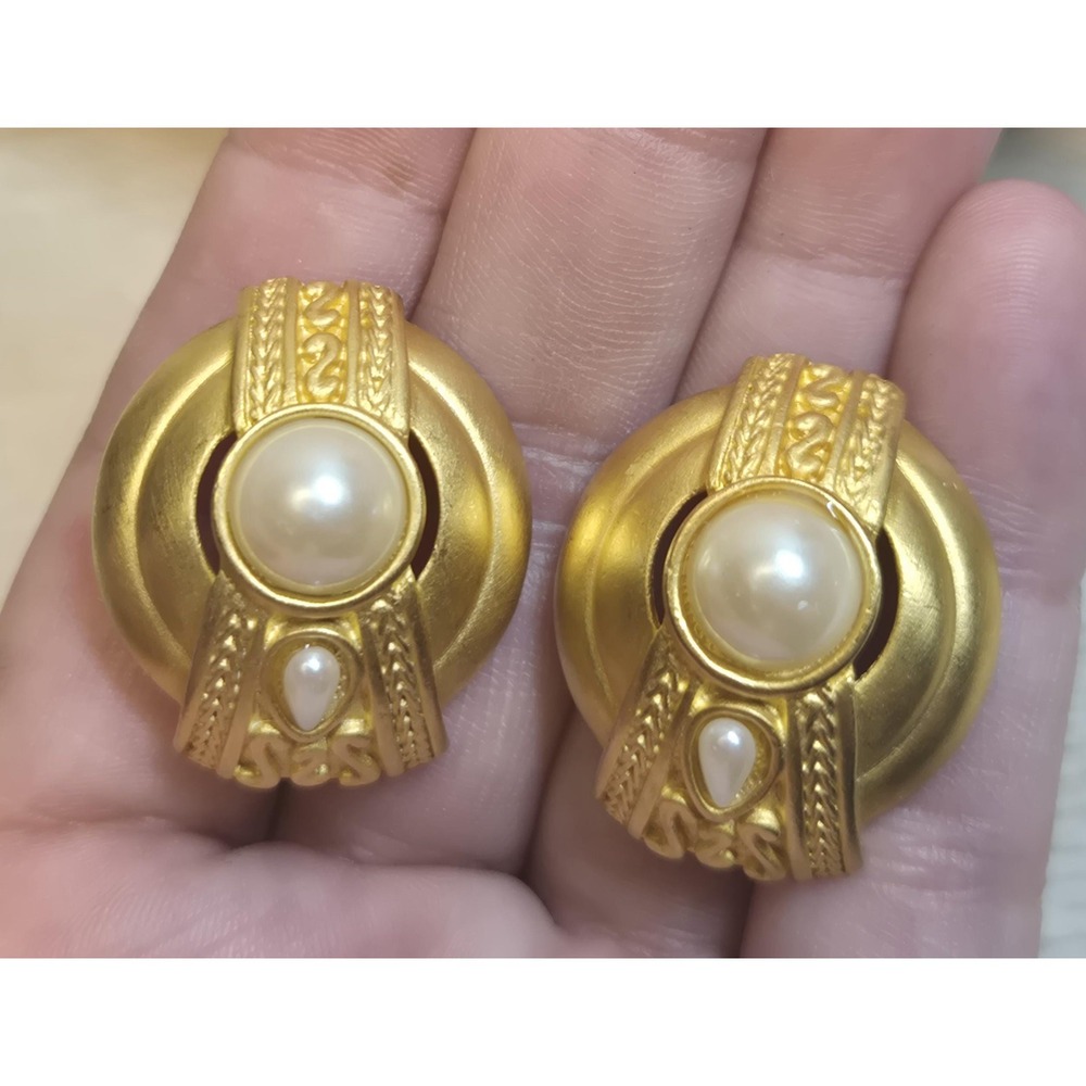 Vintage Etruscan Revival Gold tone Faux Pearl Clip Earrings Matte Gold Statement
